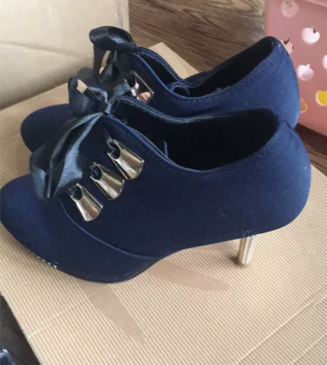 高跟鞋蝴蝶结系带单鞋女鞋深蓝色宝蓝色鞋女春...
