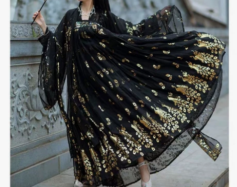 送披帛 孔雀仙子汉服黑色 倾海 汉服齐胸襦...