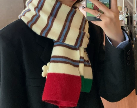 蜗牛爬爬家网红条纹围巾女冬季学生保暖针织围...
