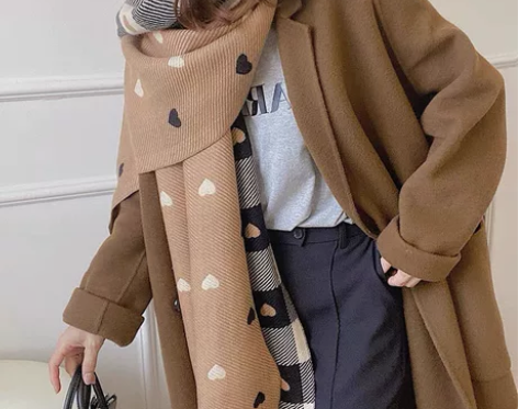 双面爱心格子网红羊绒围巾女冬季百搭韩版大披...