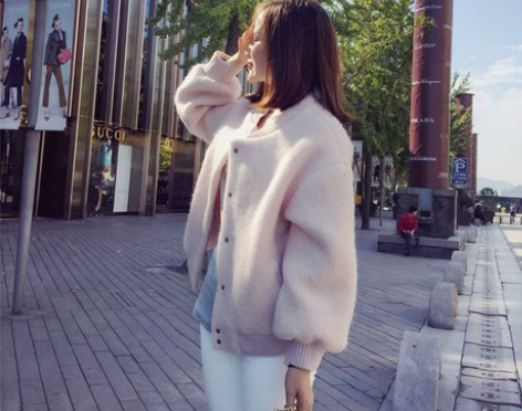 2022春秋新款韩版bf原宿呢子短款粉色毛...