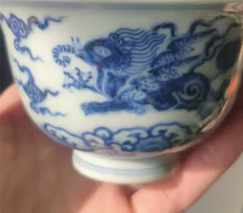 柴窑仿明苏麻离青青花海象盖碗，海水纹，锡斑...