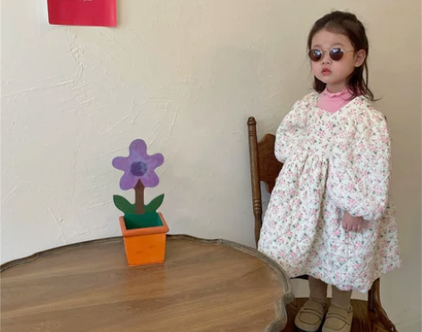 ?韩国女童碎花裙秋冬女宝纱布菱格夹棉公主裙...