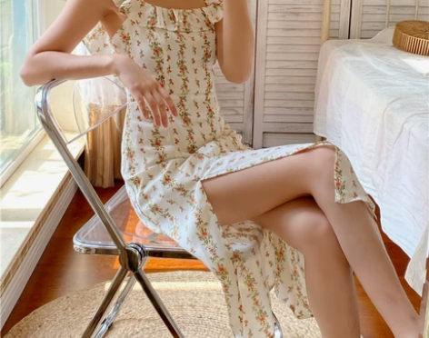 DADANA 法式优雅绝美小碎花荷叶边修身...