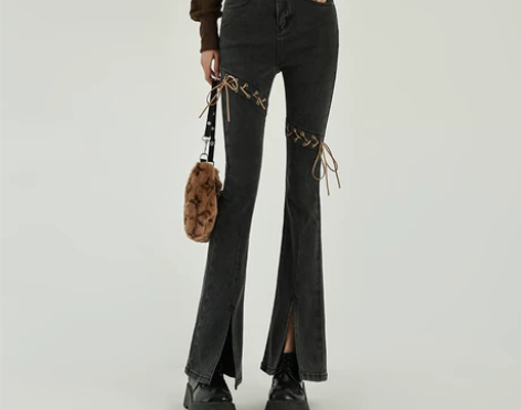 辣妹开叉微喇牛仔裤女2022年夏季新款重工...