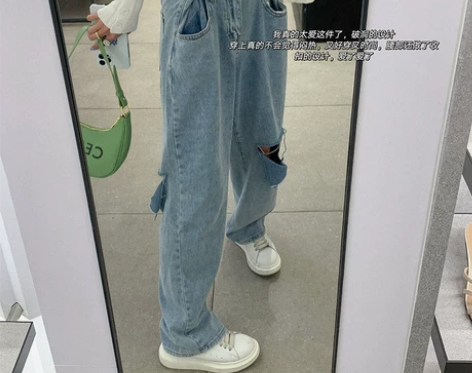 阔腿牛仔裤女2021年新款破洞设计感高腰垂...