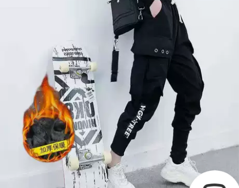 黑色加绒法式工装裤女学生嘻哈潮ins帅气显...