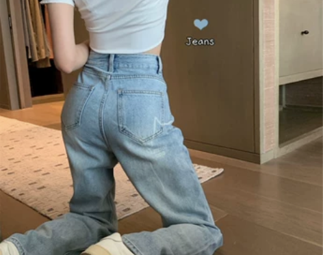 蓝色阔腿牛仔裤女2022年新款夏季高腰宽松...