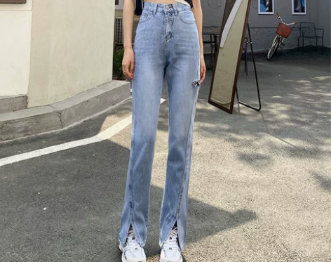 【礼遇价】高腰开叉牛仔裤女春秋2021年新...