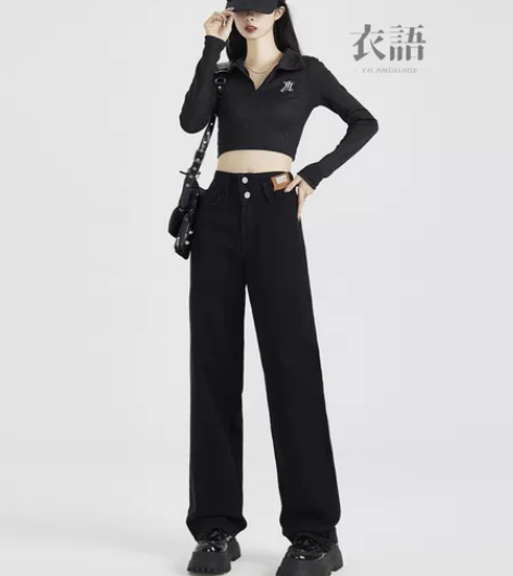 全新XL复古阔腿水洗牛仔裤女直筒高腰显瘦潮...