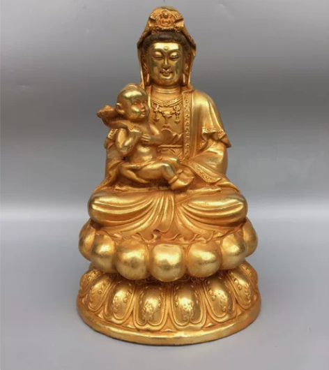 黄铜鎏金送子观音佛像，工艺精美，包浆厚重，...