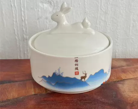 2022陶瓷火锅砚台米白色带盖保湿墨池毛笔...