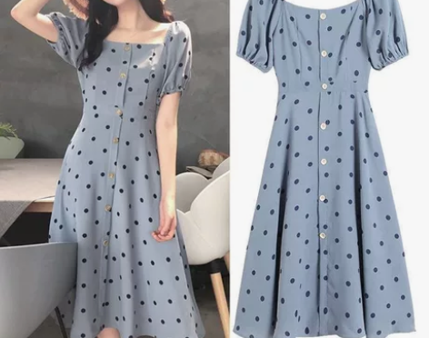 包邮波点雪纺连衣裙女夏季方领短袖高腰中长裙...