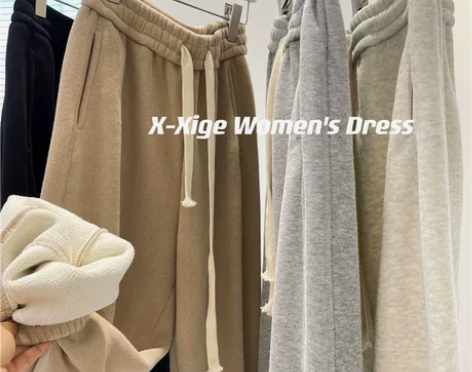 美式复古休闲加绒卫裤女厚实保暖冬季高腰松紧...