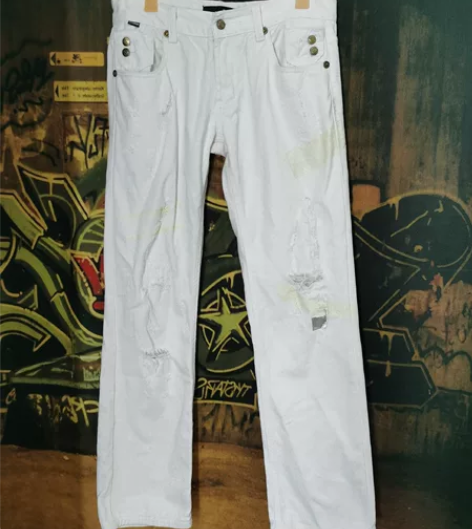 闲置男款牛仔裤，款式很棒，黄色地方是胶，需...
