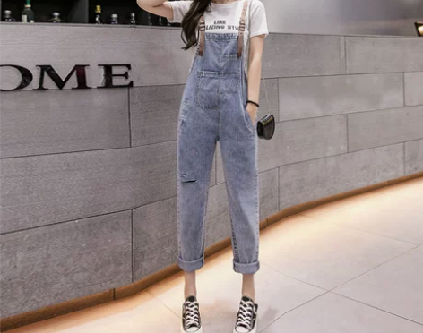 牛仔背带裤女长裤2022夏季新款减龄薄款破...