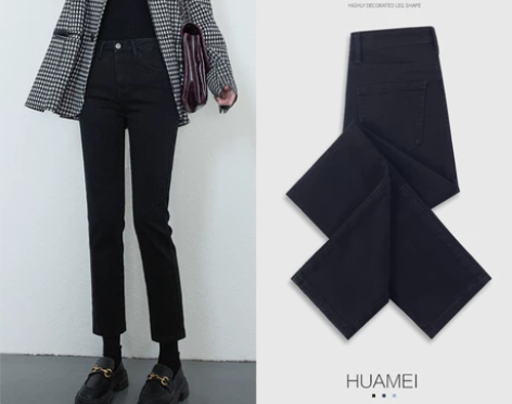 黑色高腰直筒牛仔裤女加厚2022年新款秋冬...