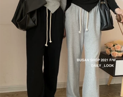 Busan 灰色阔腿裤女抽绳卫裤运动裤春秋...