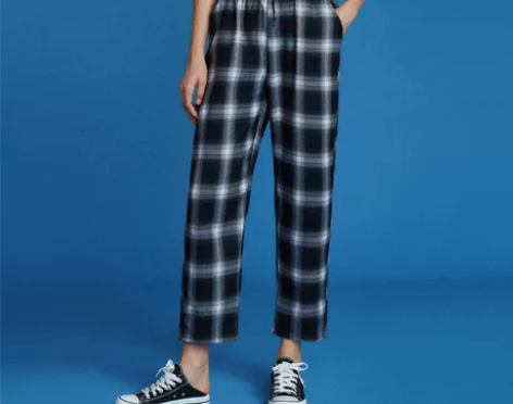 格子裤女夏chic复古宽松高腰显瘦九分直筒...