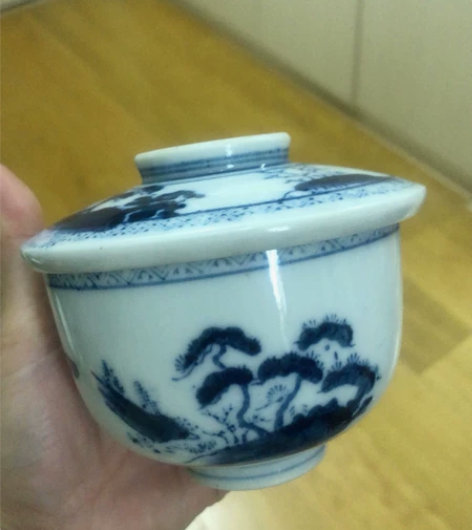 日本 回流 老青花手绘盖碗 盖杯  老物件...