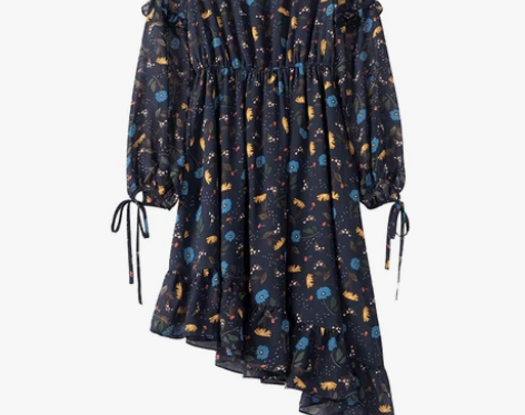 Lagogo春秋高腰碎花雪纺长袖连衣裙女不...