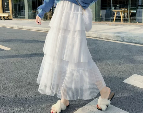 网纱蛋糕裙中长款女秋冬高腰显瘦气质半身裙子...
