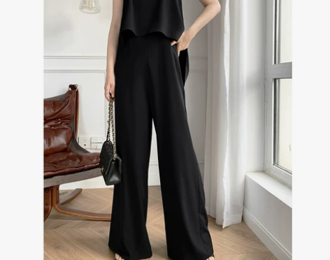 印思黑色连体裤女夏长款新款宽松高腰薄款雪纺...