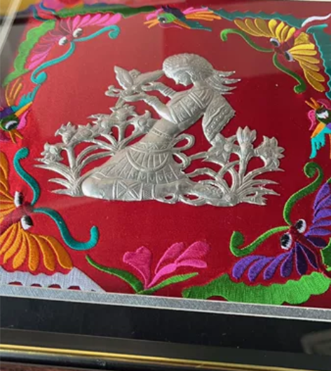 贺银匠手工银绣画，纯银含量10g，刺绣画底...