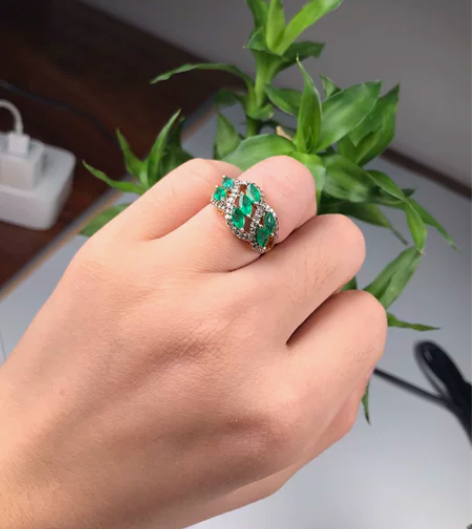 全新天然祖母绿戒指s925银钻石鎏金工艺镶...