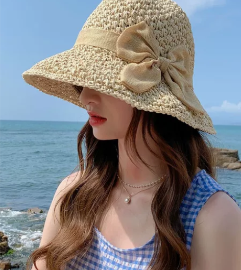 草帽女蝴蝶结编织海边渔夫帽韩版潮遮脸太阳帽...