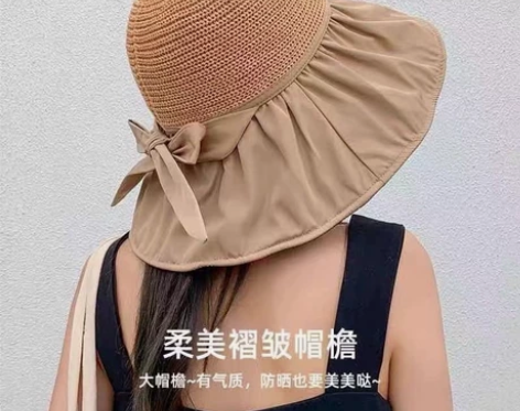 全新黑胶沙滩帽遮阳帽女夏季镂空草帽紫外线大...