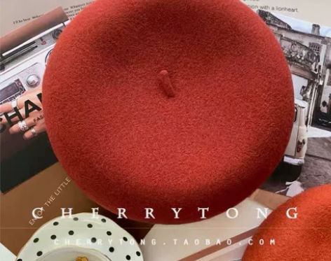 南瓜色高品质秋冬款羊毛呢立体贝雷帽画家帽韩...