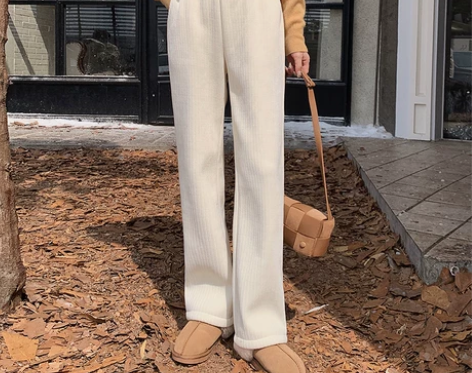 岛歌夫人奶白色休闲裤雪尼尔裤子直筒裤长裤阔...