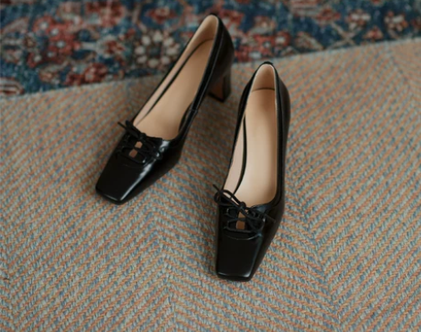 法式方头复古高跟鞋女春季酒红色蝴蝶结系带粗...