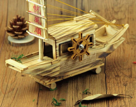 木质工艺船摆件一帆风顺音乐帆船办公室客厅家...