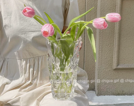 法式斜纹鲜花玻璃花瓶ins风透明桌面富贵竹...