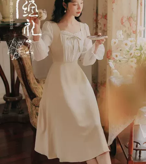 复古小众茶歇裙假两件法式初恋裙子早春温柔气...