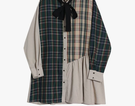 法式连衣裙女2019早秋新款复古格子拼接设...