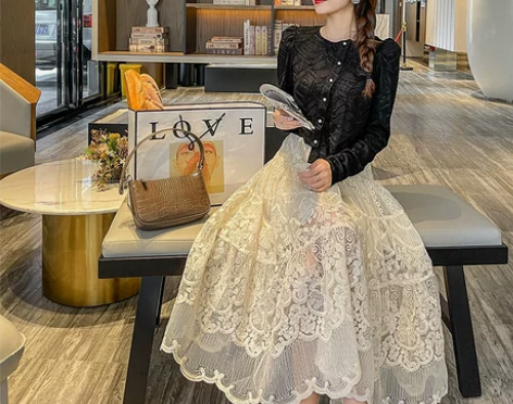 旭若蕾丝半身裙女秋冬2021新款高腰显瘦a...