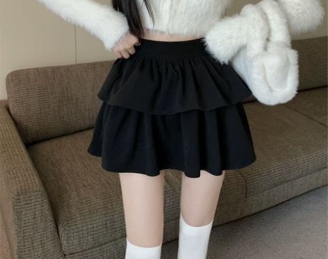 黑色半身裙女秋冬毛呢荷叶边蓬蓬裙高腰蛋糕