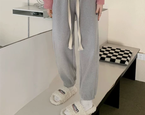 灰色休闲裤运动裤女宽松束脚卫裤秋冬季202...