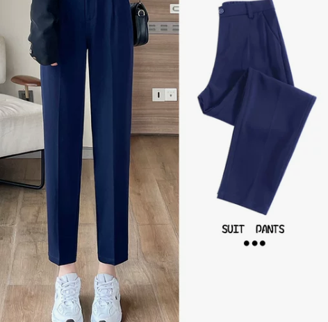 蓝色西装裤女直筒高腰2022新款休闲小个子...