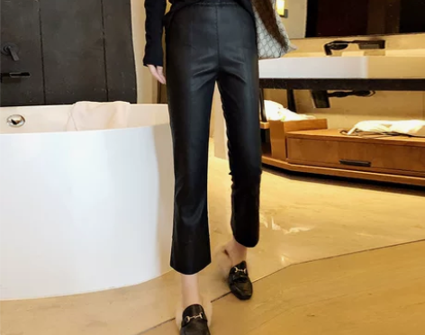 微喇叭咖色皮裤女秋冬2021新款时尚高腰外...