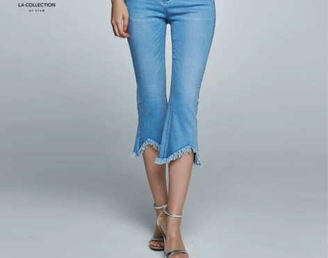 艾格LA春装港风ins纯色修身毛边七分牛仔...