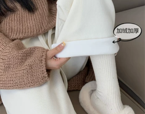 白色抽绳加绒阔腿裤秋冬新款休闲裤学生复古垂...