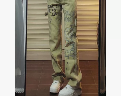 美式vibe风复古做旧涂鸦字母刺绣牛仔裤女...