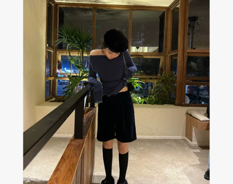 人鱼家 灯芯绒中裤 藏青色 全新