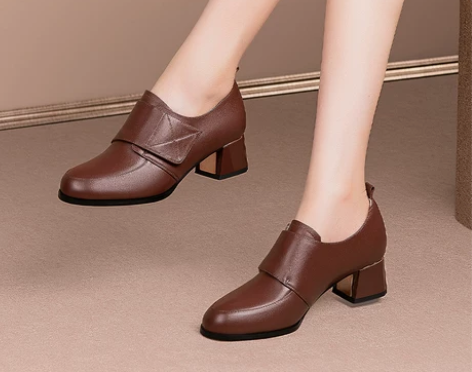 尚萱莉圆头单鞋女头层牛皮复古粗跟鞋百搭小皮...
