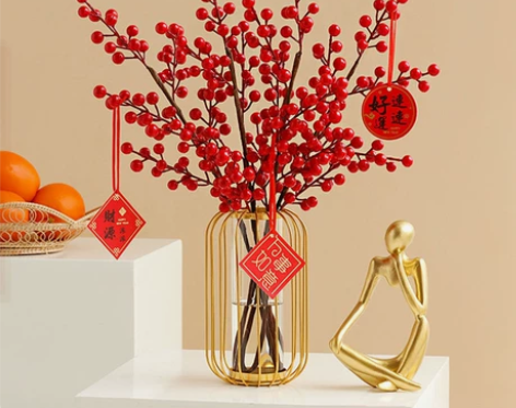 全新红色发财果假花仿真花摆件花瓶插花客厅餐...