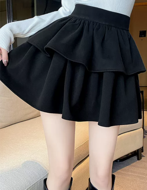 荷叶边黑色蓬蓬半身裙女秋冬高腰显瘦毛呢蛋糕...